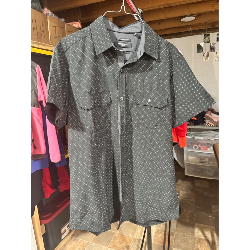 Kenneth Cole New York Mens Grey Geometric Diamond Print Button Down Shirt Size M